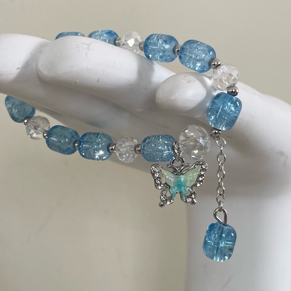Blue and Clear Beaded Stretch Small Bracelet with Butterfly Charm - Picture 16 of 17